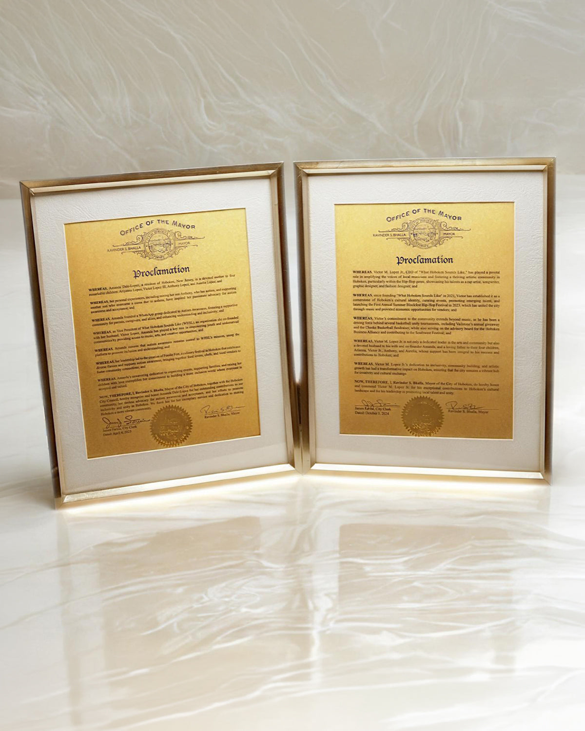 Framed City of Hoboken proclamations honoring What Hoboken Sounds Like leadership